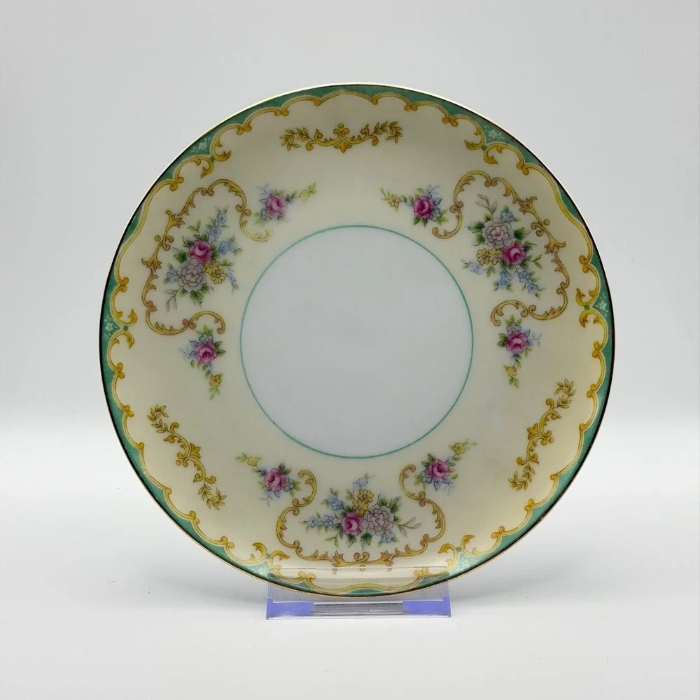 4 Vintage Noritake Bread Plates Set Floral Gold Green Border Japan N238 6.5